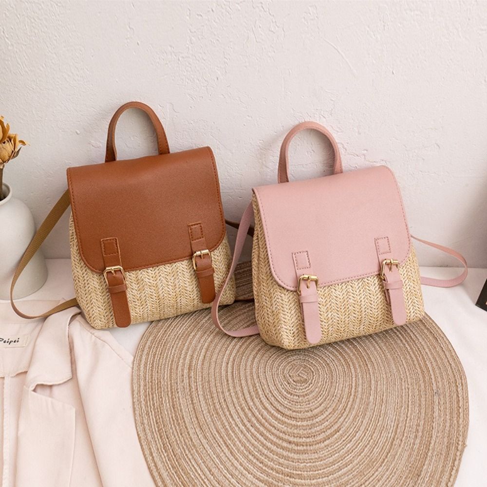 Leather Backpack Vintage - Modny plecak ze słomy i skóry